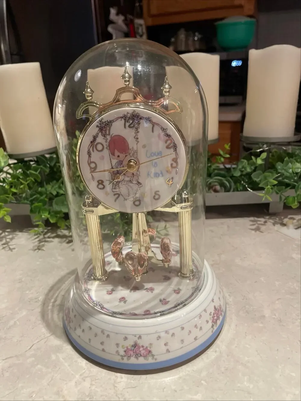 Vintage Precious Moments Love Is Kind Anniversary Clock 2003 w Glass Dome 10”